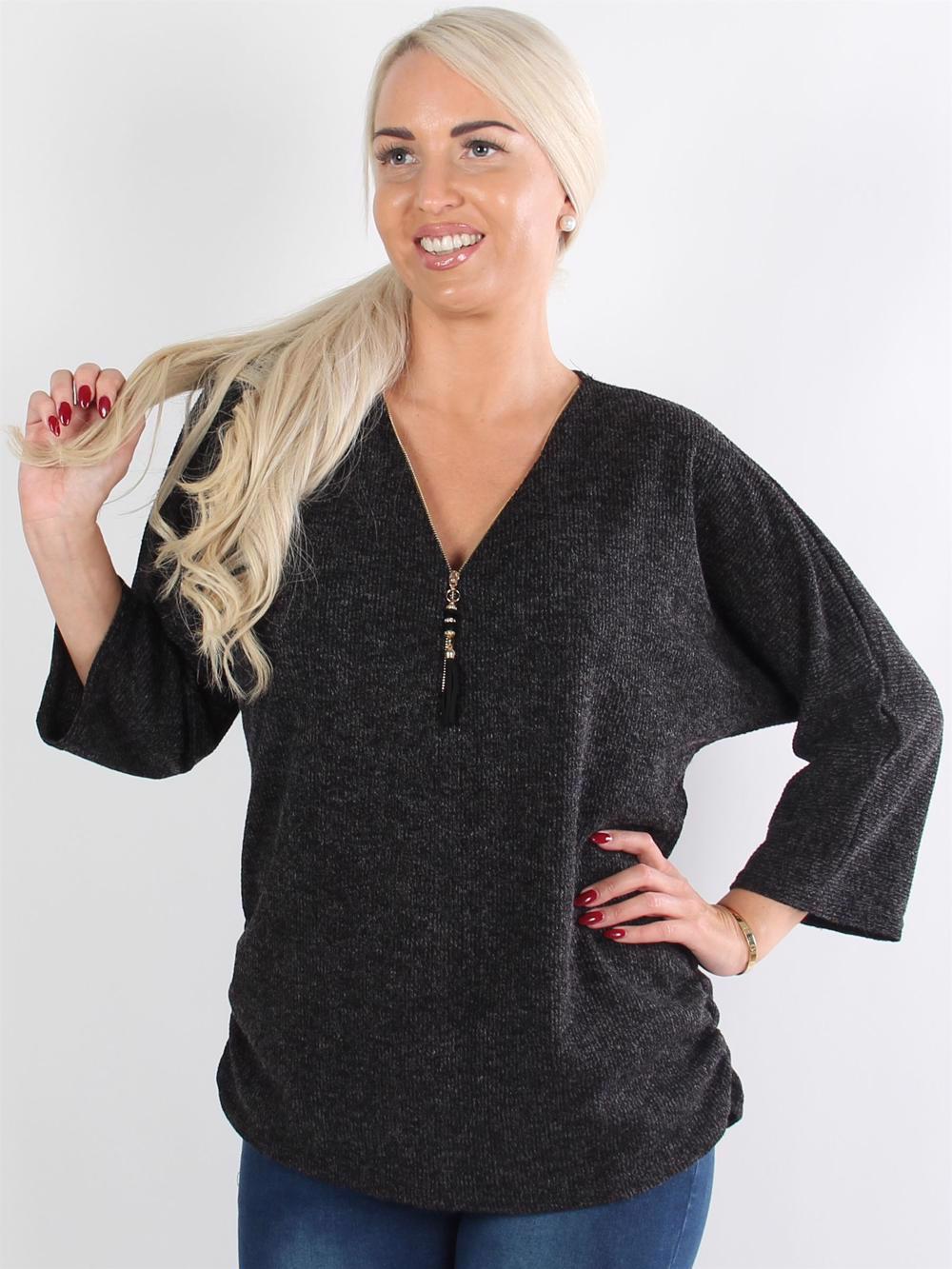 Ganja knit - Sort strikbluse med guld lynlås